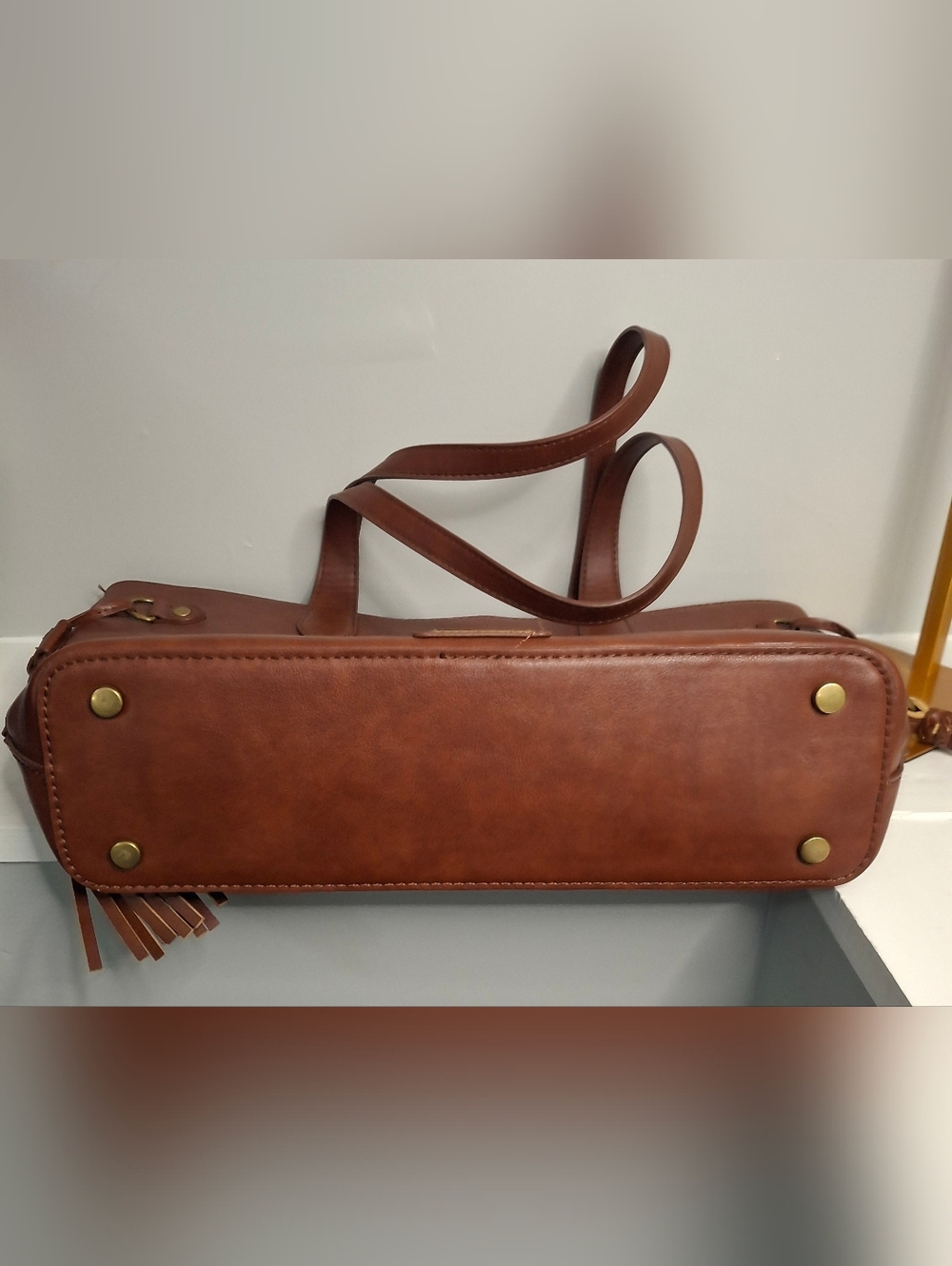 Frye Brown Leather Tote Bag Boho Tassel Large Shoulder Bag 17.5” EUC - Picture 5 of 6